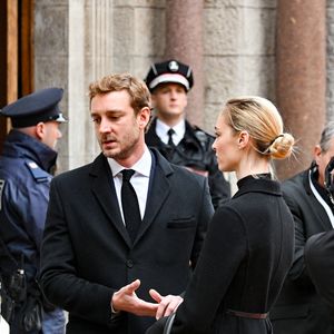 Pierre Casiraghi et sa femme Beatrice Borromeo - Obsèques de Didier Guillaume (ancien ministre de l'Agriculture entre 2018 et 2020 et ancien Ministre d'Etat de Monaco 2024–2025) en la cathédrale Notre-Dame-Immaculée de Monaco le 23 janvier 2025. © Bruno Bebert/Bestimage