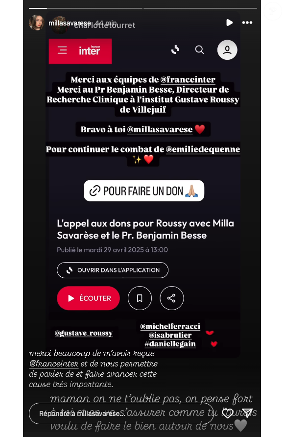 Sur son compte Instagram, l’actrice belge a parlé de l’appel aux dons contre le cancer qu’elle a fait pour l'institut Gustave Roussy