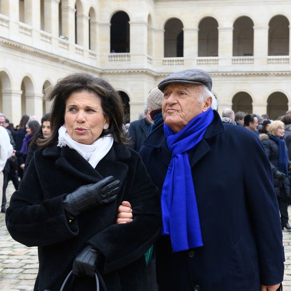 Anne Sinclair et Pierre Nora - Le président de la République française Emmanuel Macron durant la cérémonie d'hommage national au fondateur, directeur et éditorialiste du Nouvel Observateur Jean Daniel aux Invalides à Paris, France, le 28 février 2020. © Jacques Witt / Pool / Bestimage