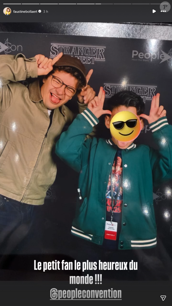 De son côté, Peter, "le petit fan le plus heureux du monde" selon les dires de sa mère, a pu prendre une photo amusante avec Gaten Matarazzo, qui joue Dustin Henderson.

Faustine Bollaert avec ses enfants Abbie et Peter à la People Convention pour rencontrer les stars de "Stranger Things" à au Parc des expositions de Villepinte à Paris le dimanche 29 mars 2026.