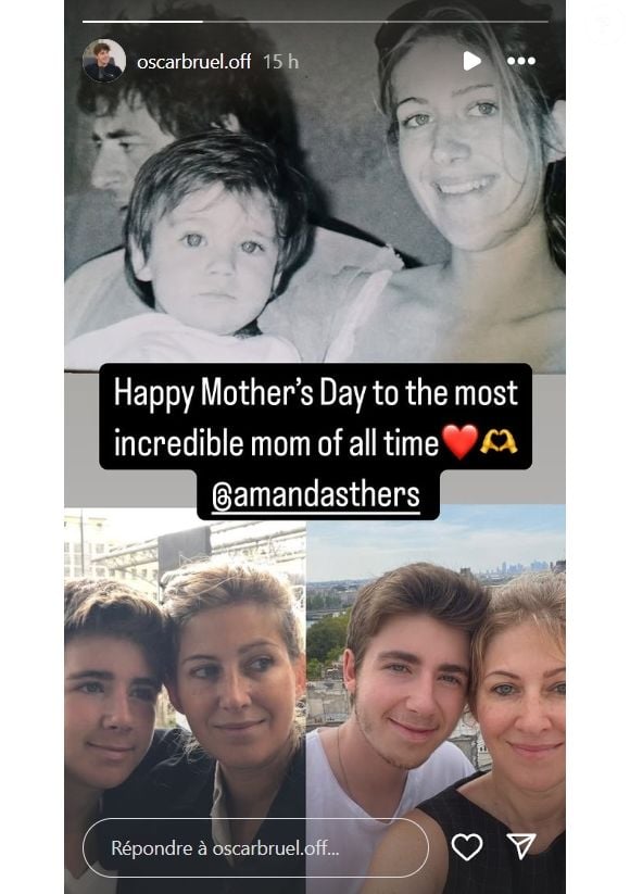 La story partagée par Oscar Bruel, à l'occasion de la Fête des mères, où l'on voit Amanda Sthers et Patrick Bruel.