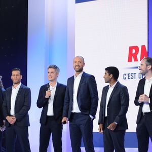 Emmanuel Petit, Jérôme Rothen, Jérome Sillon, Jean Baptiste Boursier, Christophe Dugarry, Salim Baungally, Luigi Colange et Eric Di Meco (Equipe de l'émission Footissime) - Conférence de presse du lancement des chaines RMC Sport au studio Gabriel à Paris le 30 mai 2018. © Guillaume Gaffiot/Bestimage