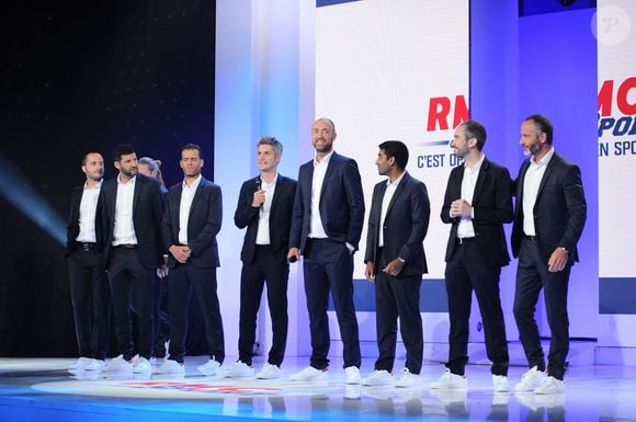 Emmanuel Petit, Jérôme Rothen, Jérome Sillon, Jean Baptiste Boursier, Christophe Dugarry, Salim Baungally, Luigi Colange et Eric Di Meco (Equipe de l'émission Footissime) - Conférence de presse du lancement des chaines RMC Sport au studio Gabriel à Paris le 30 mai 2018. © Guillaume Gaffiot/Bestimage