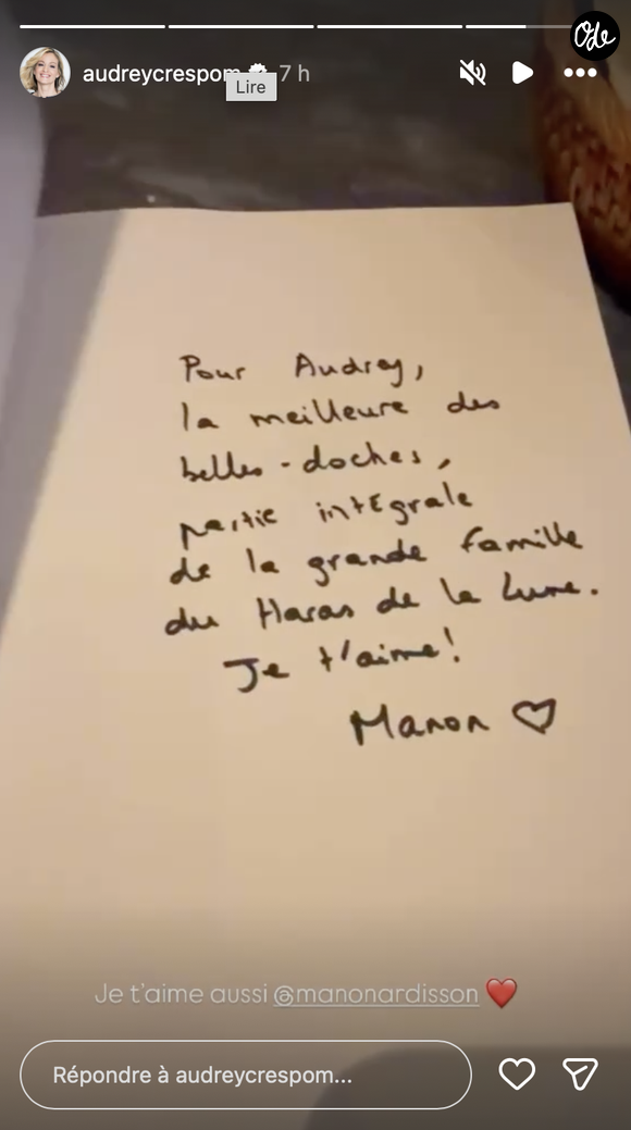 Capture d'écran de la story Instagram d'Audrey Crespo-Mara du samedi 12 septembre 2026.