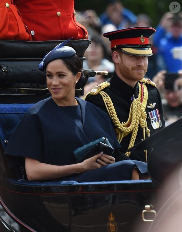 Le prince Harry, duc de Sussex, et Meghan Markle, duchesse de Sussex, première apparition publique de la duchesse depuis la naissance du bébé royal Archie lors de la parade Trooping the Colour 2019, célébrant le 93ème anniversaire de la reine Elisabeth II, au palais de Buckingham, Londres, le 8 juin 2019.