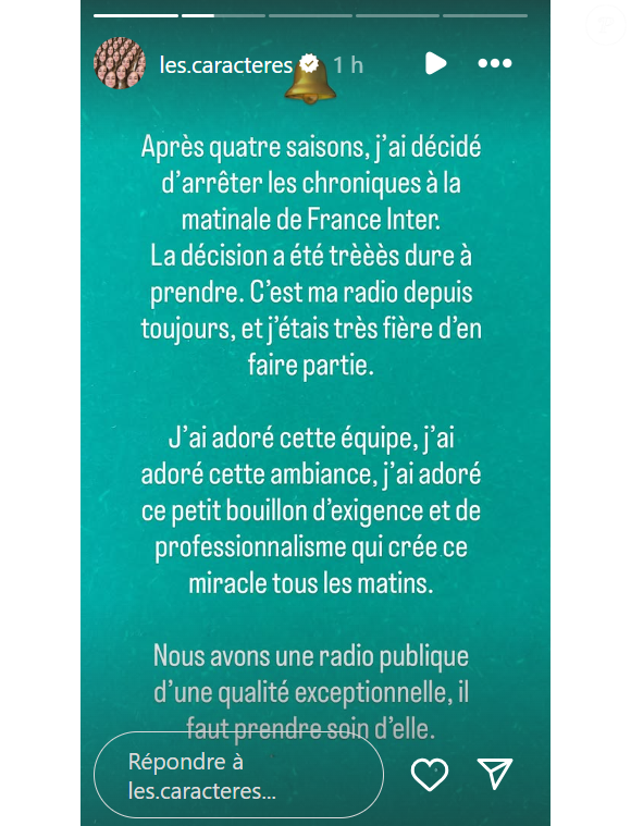 "Après quatre saisons, j’ai décidé d’arrêter les chroniques à la matinale de France Inter. La décision a été très dur à prendre. C’est ma radio depuis toujours et j’étais très fier d’en faire partie" déclare-t-elle sur Instagram 

Lison Daniel arrête les chroniques sur France Inter