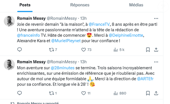 Il a posté un message sur X
Romain Messy annonce son retour chez France Télévisions