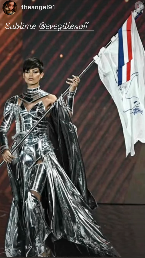 Sur Instagram, Eve Gilles a tenu à remercier ses soutiens tout en saluant la gagnante. "Merci pour cette AVENTURE ! C’est un clap de fin pour cette aventure Miss Univers. je suis très fière d’avoir représentée la France ! C’était un moment de dingue et je n’y serai jamais arrivée sans vous ! 

Eve Gilles en costume de Jeanne d'Arc pendant l'élection de Miss Univers.
Crédit : Instagram/The Angel 91