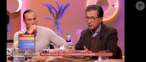 Laurent Maistret (ancien candidat de Koh-Lanta) et Arnault Pfersdorff sur le plateau de "La maison des maternelles" sur France 2 le 7 février 2025.