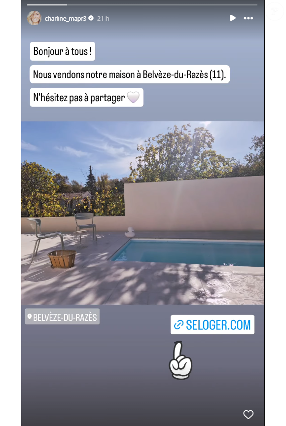 En story, la jeune maman a partagé une photo de son extérieur ensoleillé, doté d'une piscine, plaçant au passage un lien vers le site d'annonces immobilières Se Loger.

Charline, ancienne candidate de "Mariés au premier regard", annonce vendre sa maison. Instagram