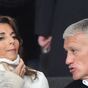 Didier Deschamps et son épouse Claude regardant depuis les tribunes le 1/8e de finale retour de la Champion's League, Paris-St-Germain (PSG) contre Manchester United au stade du Parc des Princes à Paris, France, le 6 mars 2019. Manchester United s'est imposé 3-1 et s'est qualifié pour les 1/4. Photo de Christian LiewigABACAPRESS.COM
