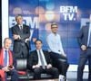 Ashley Chevalier, Christophe Barbier, Nicolas Doze, Christophe Person, Julien Mielcarek, Christophe Delay et Adeline Francois, les presentateurs de la Premiere Edition de BFM TV posent pour une photo de rentree a Paris, France le 25 Aout 2017. Photo by Aurore Marechal/ABACAPRESS.COM