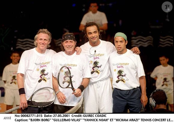 "BJORN BORG" "GULLERMO VILAS" "YANNICK NOAH" ET "HICHAM ARAZI" TENNIS CONCERT LES ENFANTS DE LA TERRE "PLAN AMERICAIN" RAQUETTE