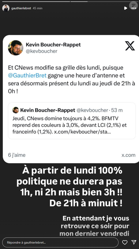 Gauthier Le Bret annonce gagner du temps d'antenne sur CNews.