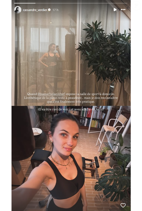 Apparaissant souriante en pleine forme dans une tenue de sport noire, Cassandre a pris la pose dans leur intérieur pour faire une petite confidence : "Quand @juanarbelaezchef impose sa salle de sport à domicile. L'esthétique de la pièce reste à peaufiner... mais je dois reconnaître que c'est finalement très pratique". 

Cassandre Verdier en story Instagram