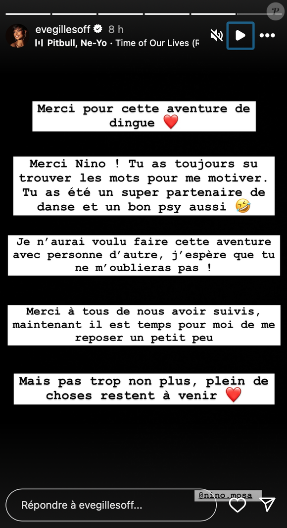Message postée par Eve Gilles sur Instagram après son élimination de Danse avec les stars. Capture Instagram - Eve Gilles