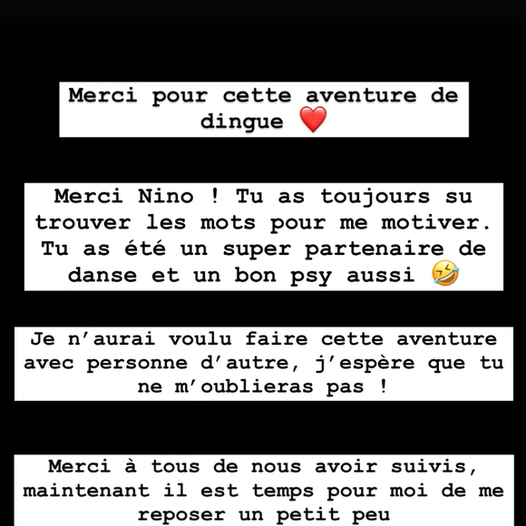 Message postée par Eve Gilles sur Instagram après son élimination de Danse avec les stars. Capture Instagram - Eve Gilles