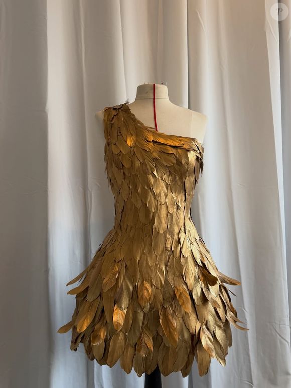 Ce projet titanesque a nécessité la superposition de deux robes et le collage minutieux de pas moins de 3 000 plumes dorées ! Le résultat est bluffant.