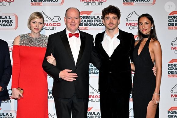 La princesse Charlène, le prince Albert II de Monaco, Charles Leclerc et Alexandra Saint Mleux durant la soirée de gala du 81ème Grand Prix de Formule 1 de Monaco, salle des Etoiles du Sporting de Monaco, le 26 mai 2024. Cette soirée met à l'honneur le vainqueur du Grand Prix, le monégasque Charles Leclerc. © Bruno Bebert/Bestimage