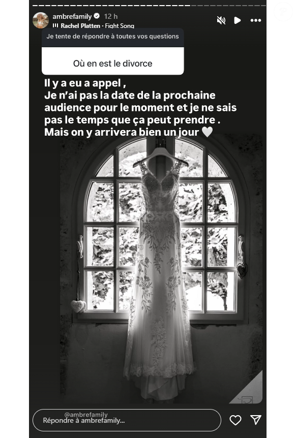 Sauf que la procédure semble sans fin : il y a eu appel récemment.

Ambre Dol (Familles nombreuses, la vie en XXL", en dit plus sur son divorce avec Alexandre Dol, toujours pas finalisé, le 12 octobre 2025 en story sur Instagram.