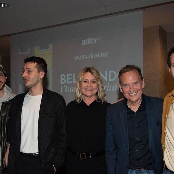 Exclusif - Luana Belmondo entourée de ses fils, Victor, Giacomo et Alessandro, Philippe Thuillier - Avant-première du documentaire "Belmondo, l'Italie en héritage" à la Maison de l'Italie à Paris. Le 18 mars 2024
© Sam Delpech / Bestimage