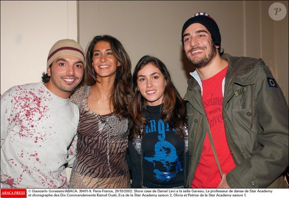Paris-France, 29/10/2002. Show case de Daniel Levi a la salle Gaveau. Le professeur de danse de Star Academy et chorégraphe des Dix Commandements Kamel Ouali, Eva de la Star Academy saison 2, Olivia et Patrice de la Star Academy saison 1. © Giancarlo Gorassini/ABACA.
