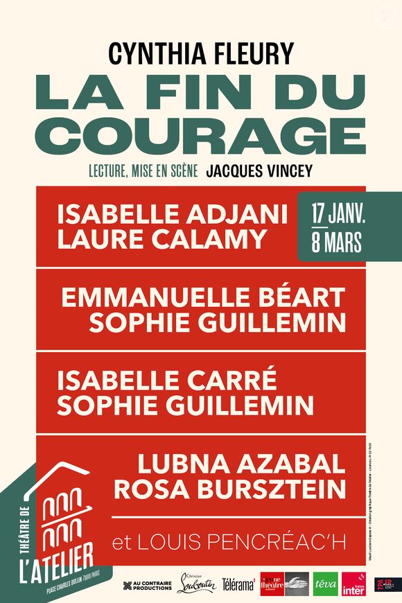 Le texte est inspiré de l’essai éponyme de la philosophe Cynthia Fleury et mis en scène par Jacques Vincey.

Affiche de la pièce de théâtre "La fin du courage" dans laquelle joue Emmanuelle Béart