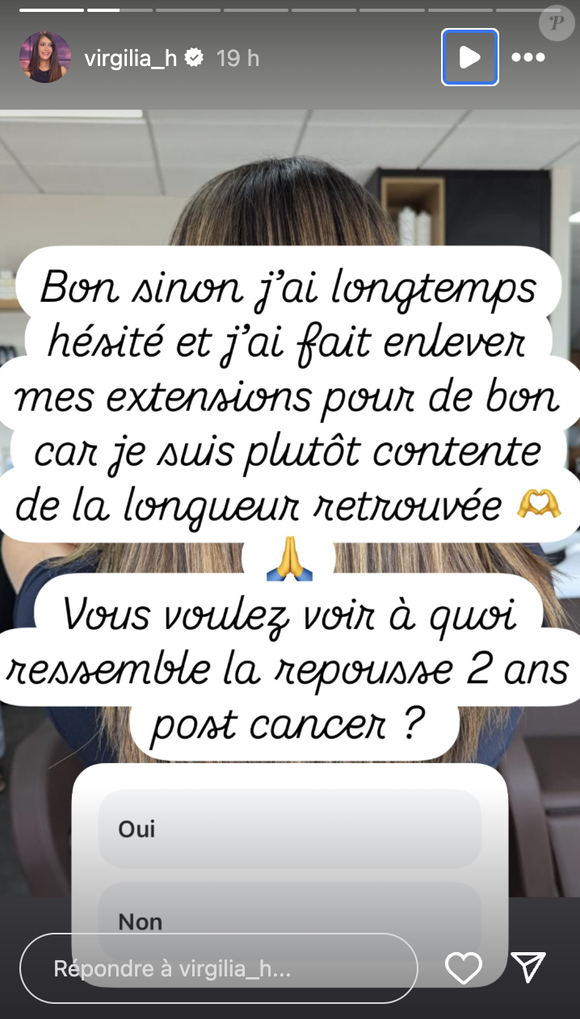 En story Instagram, elle a confié s'être débarrassée de ses extensions, étant "plutôt contente de la longueur retrouvée" 

Virgilia Hess (BFMTV) partage des photos de ses cheveux qui ont repoussé après son cancer.