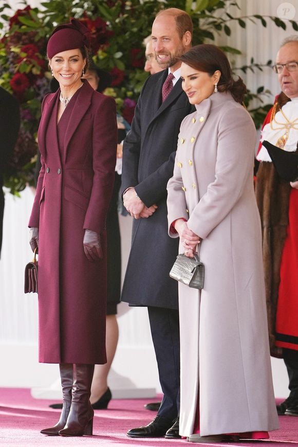 Le prince William, prince de Galles, et Catherine (Kate) Middleton, princesse de Galles, Jawaher bint Hamad bin Suhaim Al-Thani - Cérémonie de bienvenue pour la visite d'État de l'émir du Qatar Tamim ben Hamad Al-Thani à Londres, le 3 décembre 2024.