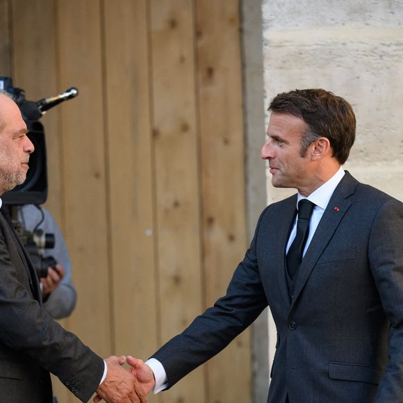 Eric Dupond Moretti, garde des Sceaux, ministre de la Justice  et le président Emmanuel Macron, Brigitte Macron - Hommage national à Hélène Carrère d'Encausse aux Invalides à Paris le 3 octobre 2023. © Eric Tschaen / Pool / Bestimage