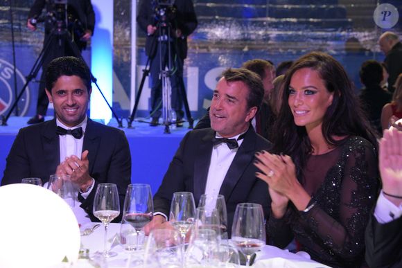 Exclusif - Nasser Al-Khelaifi, le président du Paris Saint-Germain (PSG), Arnaud Lagardère et sa femme Jade Foret (Lagardère) - 5ème dîner de gala de la fondation Paris Saint-Germain au parc des Princes à Paris, France, le 15 mai 2018. © Rachid Bellak/Bestimage