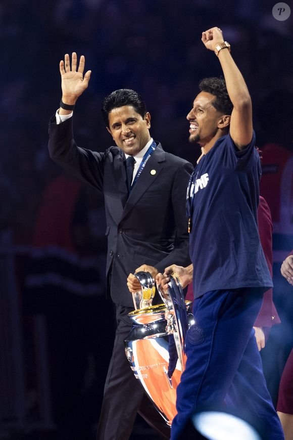 Nasser al-Khelaïfi (président du PSG), Marquinhos - Les joueurs du PSG célèbrent leur titre de Champion d'Europe au Parc Des Princes à Paris, le 1er juin 2025.
© Cyril Moreau/Bestimage