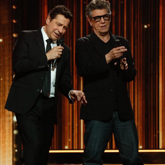 Exclusif - Laurent Gerra, Marc Lavoine lors de l'enregistrement de l'émission "Laurent Gerra, l'anniversaire événement" présentée par S.Bern et qui sera diffusée le 7 juin 2025 sur France 2, au théâtre Marigny, à Paris, France, le 28 avril 2025. © Clovis-Moreau/Bestimage