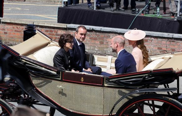Rachida Dati, Ministre de la Culture et Sébastien Lecornu, Ministre des Armées - Le roi Charles III d'Angleterre, Camilla Parker Bowles, reine consort d'Angleterre, le prince William, prince de Galles, et Catherine (Kate) Middleton, princesse de Galles, accueillent le couple présidentiel français le président Emmanuel Macron et sa femme la Première Dame Brigitte Macron sur Datchet road à Windsor, Royaume Uni, le 8 juillet 2025. © Dominique Jacovides/Bestimage