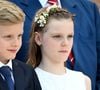 Ils sont scolarisés à l'institut François d'Assise-Nicolas Barré

Le prince héréditaire Jacques de Monaco et la princesse Gabriella - Célébration des 20 ans de règne du prince souverain Albert II de Monaco sur la place du Palais à Monaco, le 19 juillet 2025. © Bruno Bebert/Bestimage
