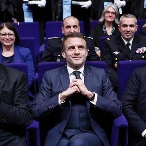 Emmanuel Macron, président de la République Française, assiste a la prestation de serment de plus de 450 auditeurs de Justice reunis au Palais des Congres en présence de Gérald Darmanin, ministre de l'Intérieur et des Outre-mer, et d'Éric Dupond-Moretti, garde des Sceaux, ministre de la Justice. Bordeaux, le 9 février 2024.