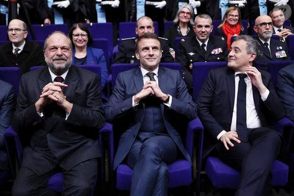 Emmanuel Macron, président de la République Française, assiste a la prestation de serment de plus de 450 auditeurs de Justice reunis au Palais des Congres en présence de Gérald Darmanin, ministre de l'Intérieur et des Outre-mer, et d'Éric Dupond-Moretti, garde des Sceaux, ministre de la Justice. Bordeaux, le 9 février 2024.