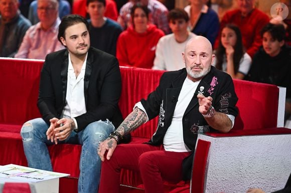 Exclusif - Vincent Lagaf et son fils Robin Rouil - Enregistrement de l'émission Vivement dimanche consacrée à l'équipe du Splendid au studio Rive Gauche, présentée par M.Drucker, et diffusée le 2 mars sur France 3. Paris, le 21 février 2025. 
© Guillaume Gaffiot / Bestimage