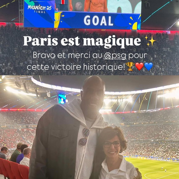Rachida Dati prend la pose avec Teddy Riner et le président du Paris Saint-Germain, Nasser Al-Khelaifi lors de la finale de la Ligue des champions à Munich en Allemagne le 31 mai 2025 © Instagram