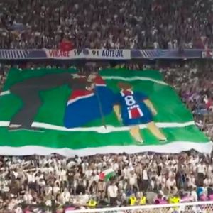 Le magnifique tifo des supporters du PSG en hommage à Xana avec son Luis Enrique (coach du PSG) lors de la Finale de la Ligue Des Champions 2025 "PSG - Inter Milan" à l'Allianz Arena de Munich, le 31 mai 2025. Capture d'écran TV via Bestimage