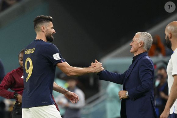 GIROUD Olivier (FRA) avec Didier Deschamps entraineur / Selectionneur France - Match "France - Australie (4-1)" lors de la Coupe du Monde 2022 au Qatar, le 22 novembre 2022.