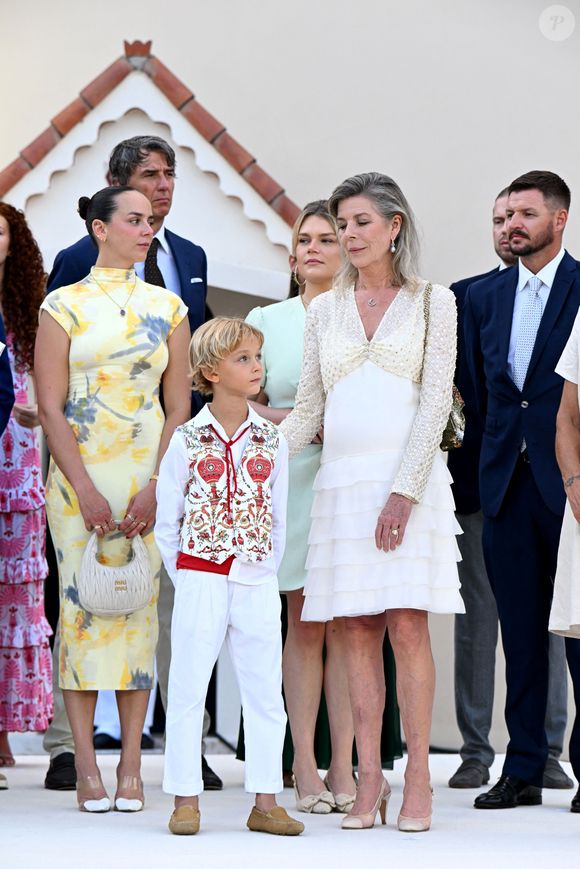 Pauline Ducruet, Stefano Ercole Carlo Casiraghi, Camille Gottlieb,  la princesse Caroline de Hanovre et  Gareth Wittstock - Célébration des 20 ans de règne du prince souverain Albert II de Monaco sur la place du Palais à Monaco, le 19 juillet 2025. © Bruno Bebert/Bestimage