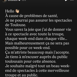 Message d'Emmanuel Moire sur Instagram pour annoncer qu'il ne peut pas assurer les concerts du Roi Soleil à Toulouse. Le 10 avril 2026.