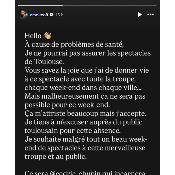 Message d'Emmanuel Moire sur Instagram pour annoncer qu'il ne peut pas assurer les concerts du Roi Soleil à Toulouse. Le 10 avril 2026.