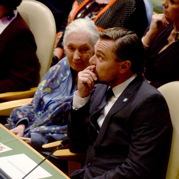 Jane Goodall, les Messagers de la paix de l'ONU, l'acteur oscarisé Leonardo DiCaprio et Stevie Wonder à l'Assemblée générale lors de la cérémonie de la cloche de la paix des Nations Unies qui se tient chaque année à cette date dans le jardin japonais sur le site du siège des Nations Unies à New York City, NY, USA, le 16 septembre 2016. Photo by Dennis Van Tine/ABACAPRESS.COM