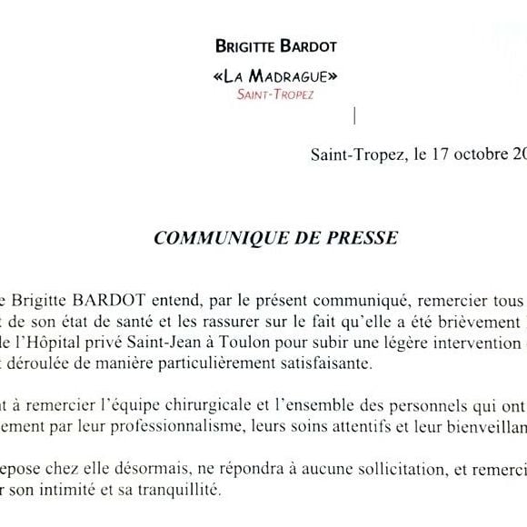 Communiqué sur l'état de santé de Brigitte Bardot.