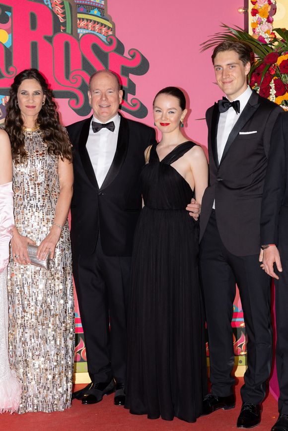 Tatiana Santo Domingo, le prince Albert II de Monaco, La Princesse Alexandra de Hanovre et son compagnon Ben Sylvester Strautmann - Arrivée de la famille princière au Bal de la Rose 2023 sur le thème "Bollywood" à la salle des étoiles à Monaco le 25 mars 2023. © Olivier Huitel / Pool / Bestimage