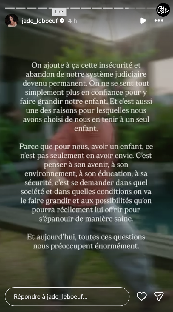 Capture d'écran de la story Instagram du jeudi 3 septembre de Jade Leboeuf