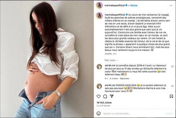 Quelques mois plus tard, elle confiait vivre cette attente avec sérénité, "Pas stressée du tout."

Marina Kaye enceinte de son premier enfant, photo publiée sur son compte Instagram, le 29 mars 2025.
© Instagram via Bestimage
