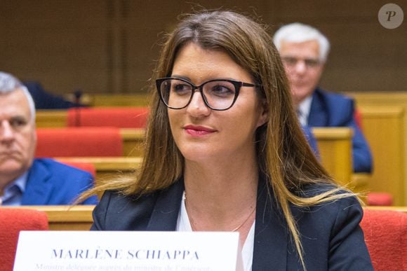 Marlène Schiappa lors de l'audition par une commission du Sénat français de la secrétaire d'État française à l'économie sociale et à la vie associative Marlène Schiappa, soupçonnée de favoritisme dans l'attribution du "Fonds Marianne" de lutte contre l'extrémisme, à Paris, France, le 14 juin 2023. Photo by Florian Poitout/ABACAPRESS.COM